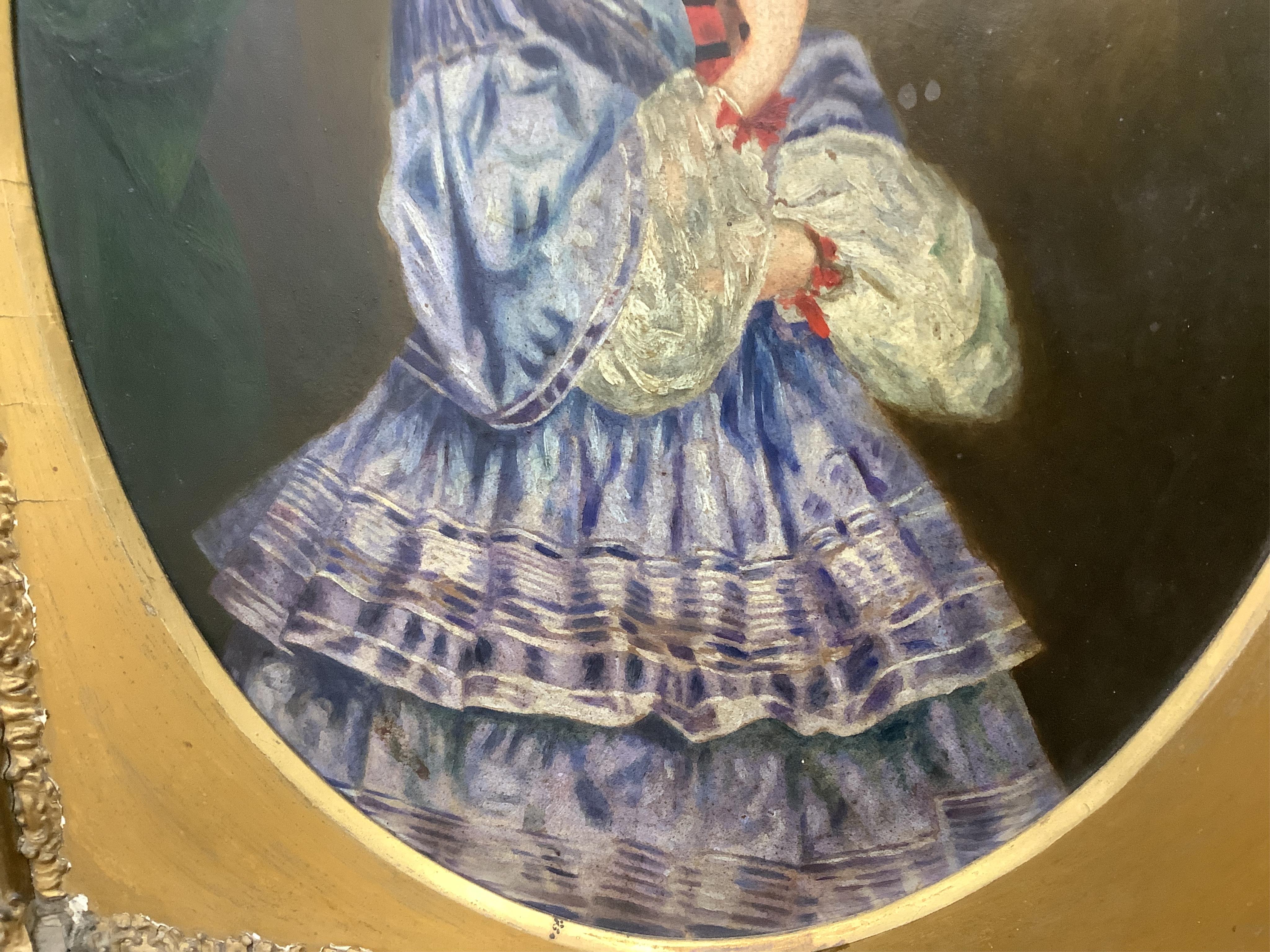19th century, Naïve school, oval oil on board, three quarter length portrait of a lady, gilt framed, together with a similar portrait of a girl wearing garnet earrings, largest 34 x 24cm